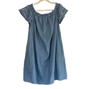 Lane Bryant Convertible Neck Smocked Embroidered Short Sleeve Denim Dress, 14/16